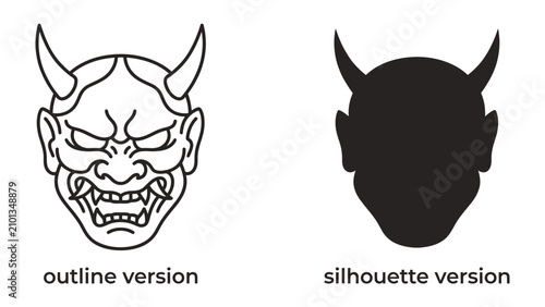 Foto Demon Mask Outline and Silhouette: Two distinct renderings of a demonic mask, one a detailed outline and the other a solid silhouette, showcase a fierce and iconic visage