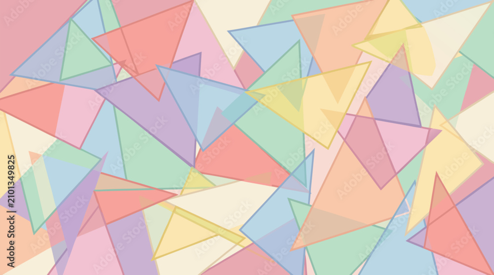 Fototapeta premium Modern abstract vector background featuring overlapping translucent pastel colored triangles in soft pink blue green yellow and orange tones creating a dynamic layered geometric pattern perfect for