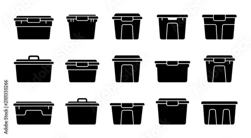 Set of 15 Black Storage Container Icons, Versatile Plastic Box Illustrations for Organization and Logistics