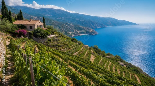 Terraced vineyards and a stone hillside villa overlook a bright blue coastal bay and mountains, ideal for Mediterranean travel, wine tourism, or luxury retreat promotions.