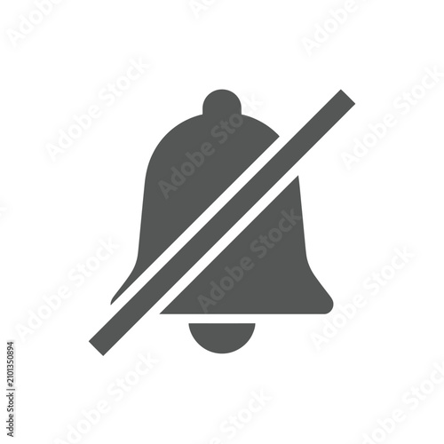 Isolated bell icon with diagonal line through it, representing silenced notifications or muted sound, simple dark silhouette on white