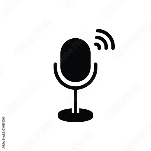 Isolated black microphone icon symbolizing audio recording, broadcast, or podcast, flat vector design