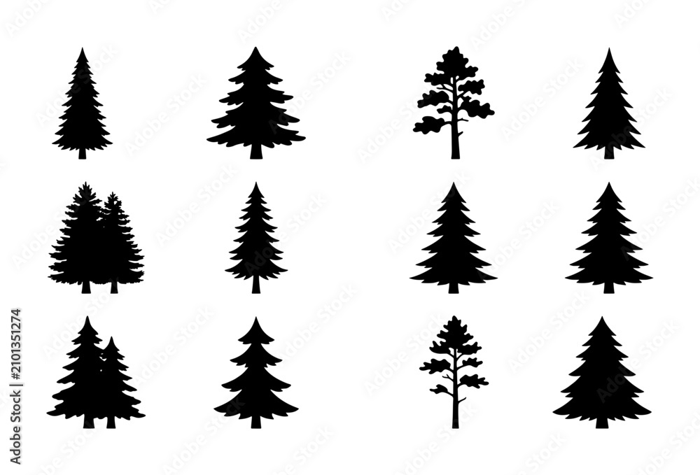 Obraz premium Conifer Tree Silhouettes Collection, Evergreen Forest Icons, Pine Spruce Fir Vector Graphics, Nature Landscape Elements, Woodland Design Assets