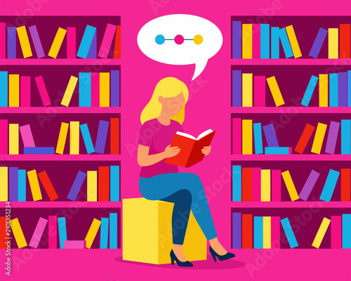 Young Woman Reading Book in Colorful Library Shelves