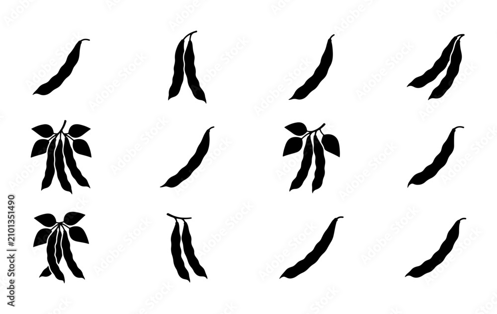 Obraz premium Black Bean Pod Silhouettes, Fresh Green Vegetable Icons, Healthy Food Graphics, Simple Organic Ingredient Vector Set
