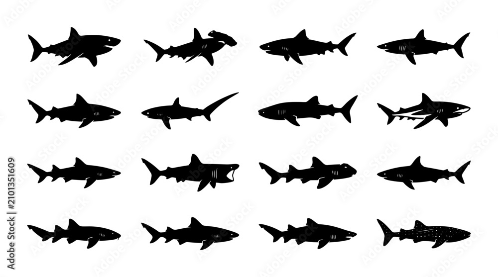 Fototapeta premium Shark Silhouettes Vector Pack: Diverse Marine Predators, Aquatic Wildlife Icons, Ocean Danger Symbols, Underwater Creatures Collection