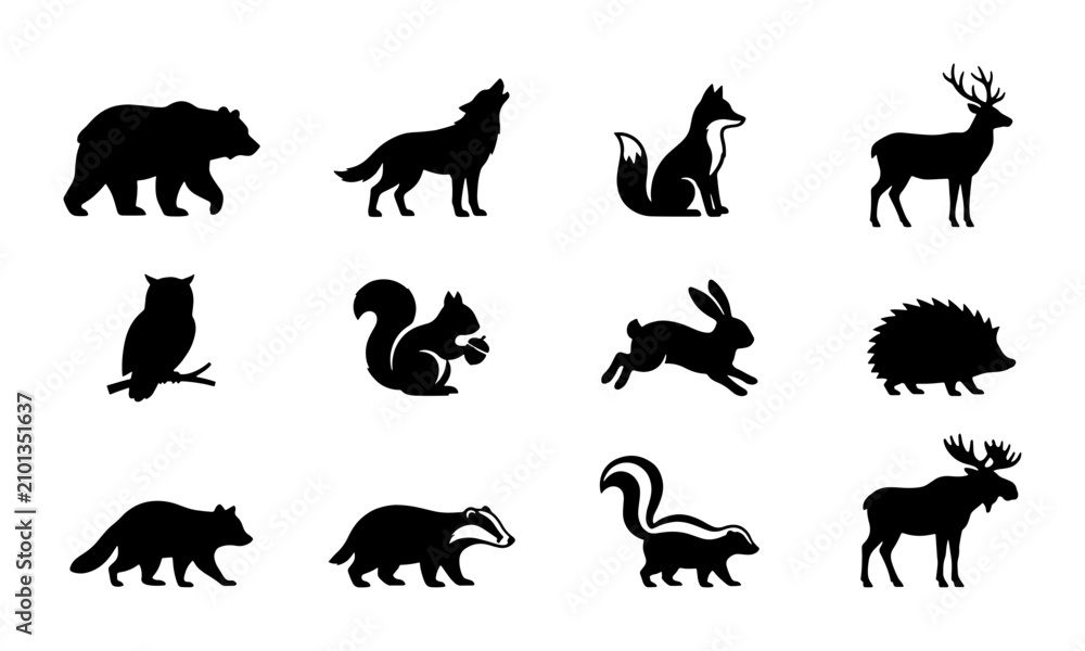 Obraz premium Forest Wildlife Silhouette Icons, Woodland Animal Vector Graphics, Nature Creatures Set, Wild Fauna Collection, Black and White Vector Art