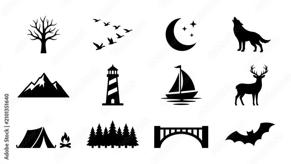 Fototapeta premium Nature and Wildlife Icons Set: Silhouette Collection of Trees, Mountains, Moon, Animals, and Outdoor Elements for Graphic Design