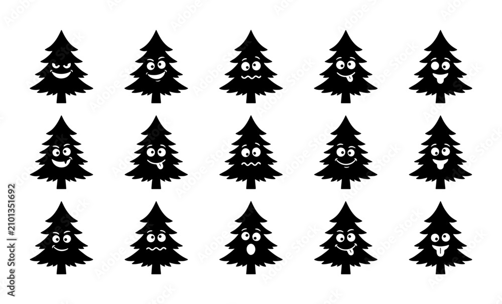Obraz premium Christmas Tree Emoticons, Festive Evergreen Faces, Holiday Icons Set, Winter Season Expressions, Black and White Vector Graphics