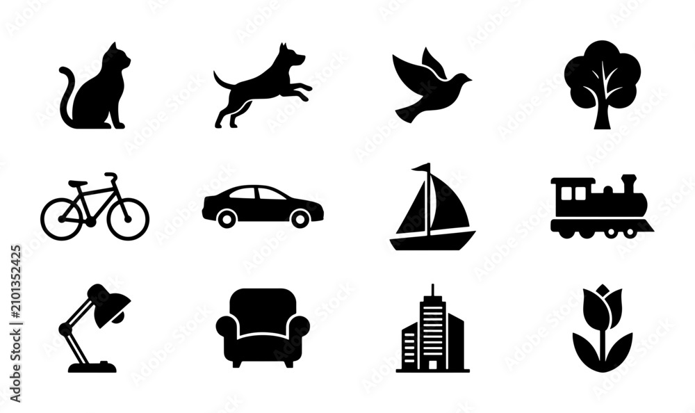 Obraz premium Vector Icons Collection: Animals, Transport, Buildings, Nature, Objects, 12 Simple Icons for Web and App Design