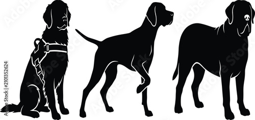 Bild auf Leinwand Three Distinct Dog Silhouettes in Sitting, Alert, and Standing Poses for Service