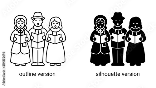 Bild auf Leinwand Christmas Carolers Icons: A set of stylized icons depicting Christmas carolers, featuring both an outline and a silhouette version, as they sing from sheet music
