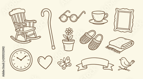 Fotografie Collection of hand-drawn icons representing comfort, home, and the passage of time
