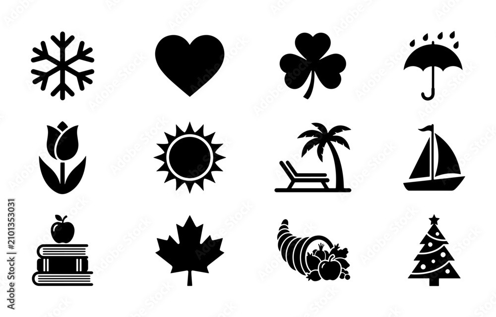 Fototapeta premium Seasonal Icons Collection: Winter Snowflake, Love Heart, Spring Tulip, Summer Sun, Autumn Leaf, Holiday Christmas Tree, Vector Elements for Design