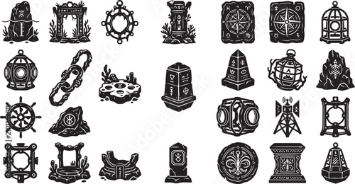 Konstfotografi Sunken Atlantis Ruins and Underwater Nautical Exploration Artifacts Icon Set