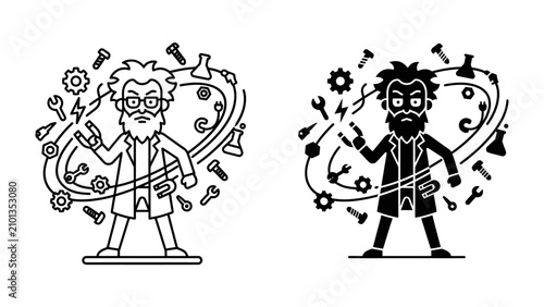 Photos Mad Scientist with Tools and Flasks: A quirky, mad scientist with wild hair and a lab coat is surrounded by a vortex of tools, gears, and beakers