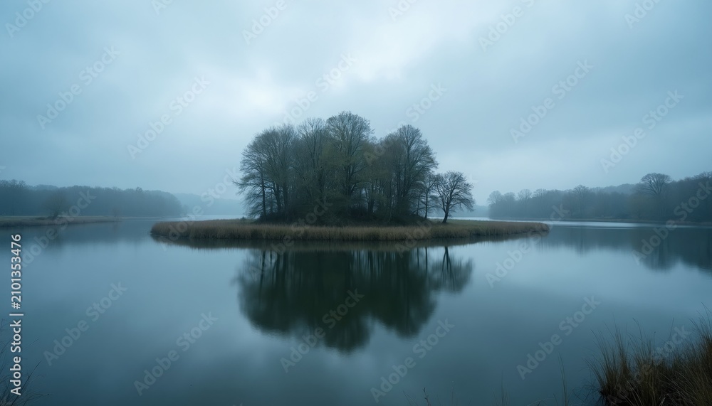 Obraz premium Small island with trees sits in middle of quiet river near Kirchdorf. Calm water surface reflects woods under heavy grey sky. Moody atmospheric scene features tranquil nature landscape without
