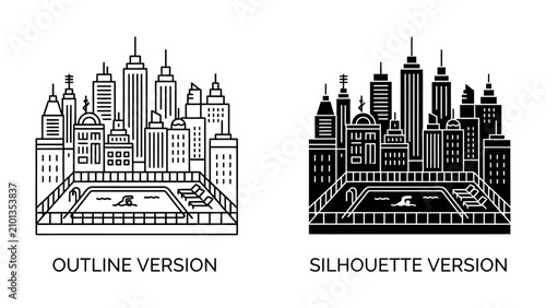 Bild auf Leinwand Cityscape Icons: A stylized representation of a bustling city skyline, featuring iconic buildings and a prominent swimming pool, presented in both outline and silhouette versions