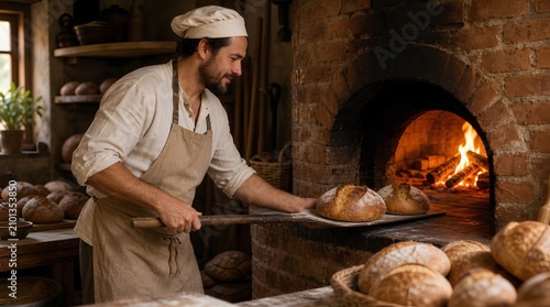 A baker in a rustic bakery pulls crusty loaves from a brick wood-fired oven, ideal for artisan bread, traditional baking, or local food marketing.