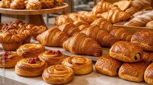 Golden croissants and assorted glazed pastries are arranged on a bakery counter, ideal for promoting cafes, breakfast menus, catering, or artisan baking.
