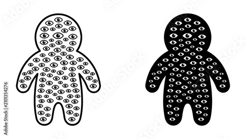 Tableau sur toile Myriad Eyes Silhouette: A symbolic representation of a humanoid silhouette adorned with countless eyes, presented in both outlined and solid black variations, evoking themes of surveillance