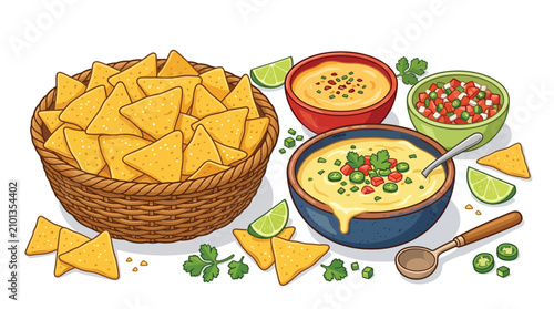 Canvastavla A vibrant illustration of a basket full of crispy tortilla chips served with various delicious dips like creamy queso and fresh salsa, garnished with lime and cilantro
