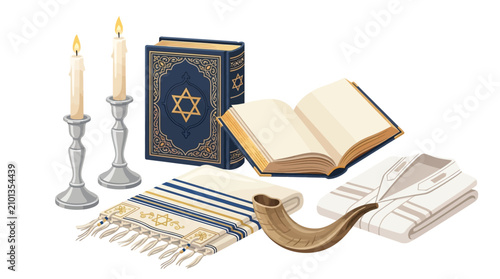 Schilderij op canvas Collection of Jewish religious items including candlesticks, prayer books, a tallit, and a shofar, symbolizing faith and tradition