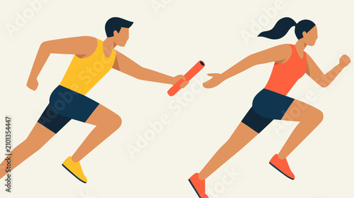 Dynamic relay race handoff scene with abstract male and female runners exchanging baton at full sprint, flat geometric vector illustration of teamwork, speed, athletics, competition, and victory