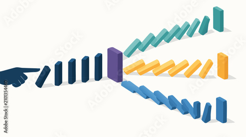 Controlled domino cascade splitting into strategic pathways, flat geometric vector scene of choices, consequences, risk management, planning, business decisions, and guided organizational direction