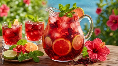 A glass pitcher and tumblers of iced red hibiscus citrus drink with mint, lemon, lime, and tropical flowers on a sunny wooden table for summer refreshment ads.