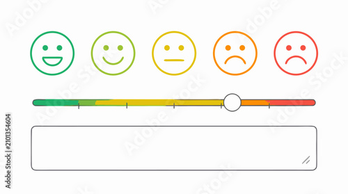 Customer feedback survey icon interface with five colored smiley satisfaction faces, gradient rating slider and comment field, editable line vector for reviews, UX research and service evaluation