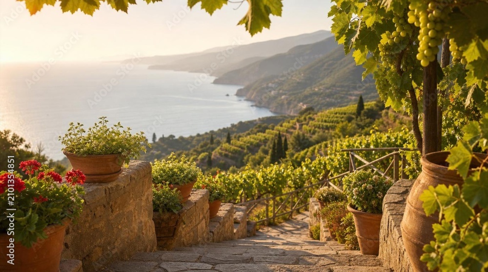 Obraz premium Sunlit stone terrace with potted flowers, grapevines, and coastal mountains above a calm sea, ideal for Mediterranean travel and wine tourism promotions.
