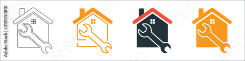 House property icon with integrated wrench symbol for home repair, real estate maintenance, residential services, construction branding, and renovation solutions vector, designs