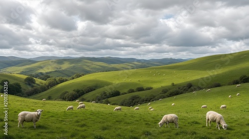 Sheep graze across rolling green hills beneath dramatic clouds, offering a peaceful rural landscape for agriculture, tourism, or countryside branding.