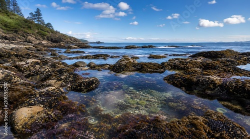 Clear tide pools filled with seaweed and marine life sit among rocks on a forested ocean coast, perfect for nature travel and ecology campaigns.