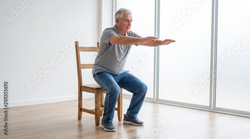 Senior man performing chair squat exercise during rehabilitation therapy