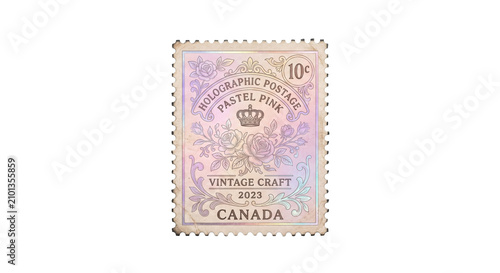 Fotografía Holographic pastel pink postage stamp with roses and crown