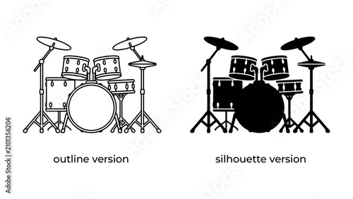 Bild auf Leinwand Drum Set Duo: An outline and silhouette of a complete drum set, showcasing its components for musical expression
