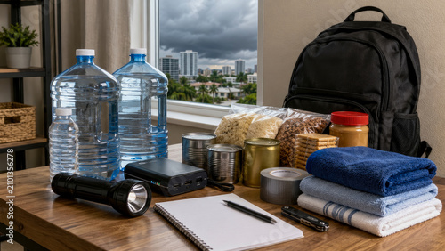 Essential emergency preparedness kit laid out with vital survival supplies: clean bottled water, non-perishable food, flashlight, power bank, and sturdy backpack, ready for natural disaster with cloud