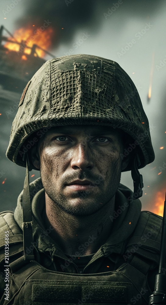 Fototapeta premium Close-up of a soldier's face, dirt-stained and determined, with a burning background, symbolizing resilience, courage, and the harsh realities of conflict.