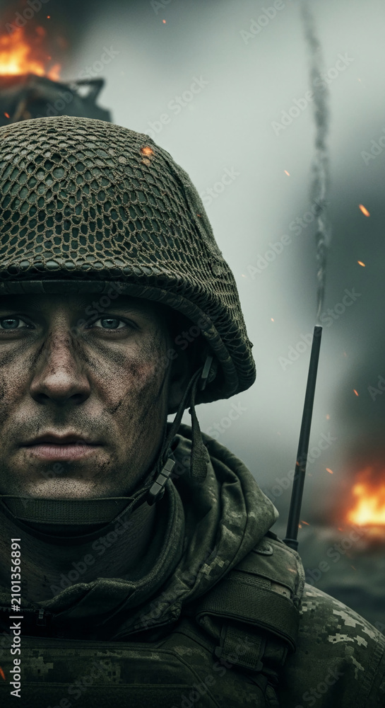 Fototapeta premium Close-up of a soldier's face, smudged with dirt, wearing a helmet, with smoke and fire in background, symbolizing war, conflict, and resilience