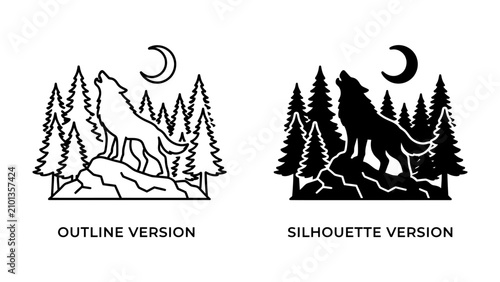 Canvastavla Wolf Howling at the Moon: A striking silhouette and outline illustration depicts a wolf howling at a crescent moon, surrounded by pine trees and rocky terrain