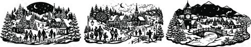 Christmas village scenes in black and white illustrations