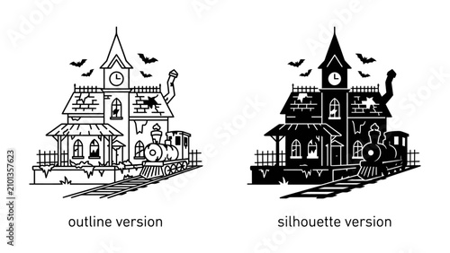 Foto Haunted House and Train Illustration: A spooky, abandoned Victorian house with a ghostly train on its tracks, depicted in both outline and silhouette versions, perfect for Halloween themes