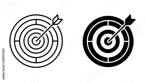 Fotografie Target and Arrow Icons: A set of minimalist graphic icons representing a dartboard and arrow, symbolizing accuracy, focus, and achieving goals
