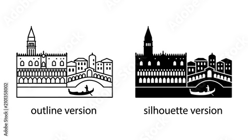 Quadro em tela Venice Cityscape Icons: Iconic outline and silhouette illustrations of Venice, Italy, featuring the Doge's Palace, Bridge of Sighs, and a gondola, perfect for travel and architectural design