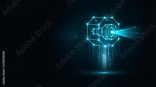 Abstract digital camera graphic with glowing geometric lines and light beams against a dark backdrop, studio lighting, futuristic mood