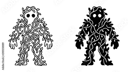Foto Plant Creature Duo: Two stylized figures, one in outline and the other in silhouette, formed entirely of vines and leaves, standing as an enigmatic representation of nature's power