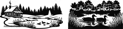 Black and white illustrations of a snowy cabin and ducks in a pond