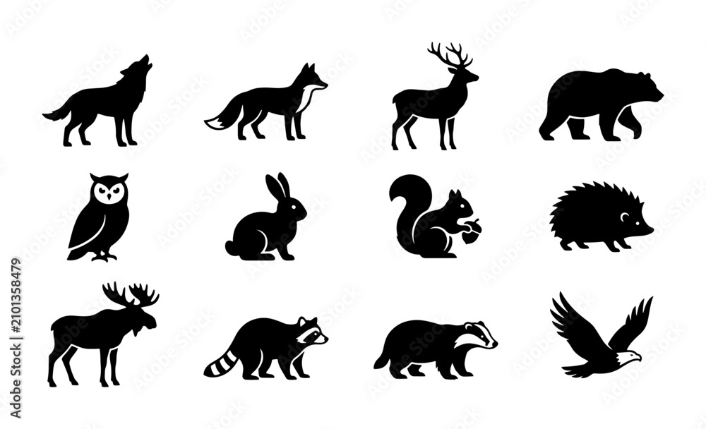 Obraz premium Forest Wildlife Silhouette Icons: 12 Woodland Animal Vector Graphics, Nature Fauna Collection for Design